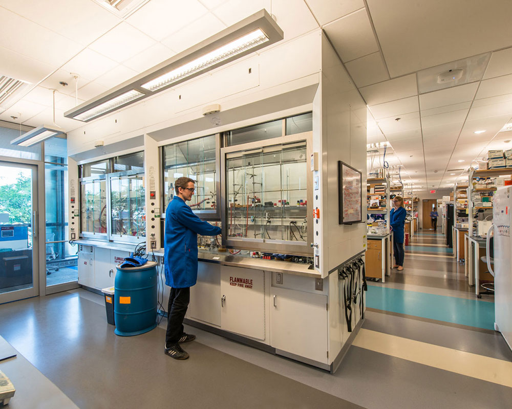 Researcher at a fume hood in a laboratory setting