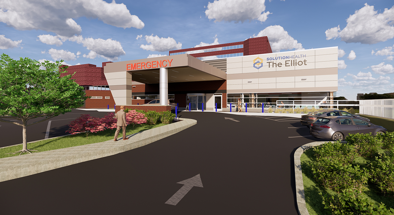 Rendering of exterior of Elliot Hospital's Emergency Department expansion in Manchester, NH