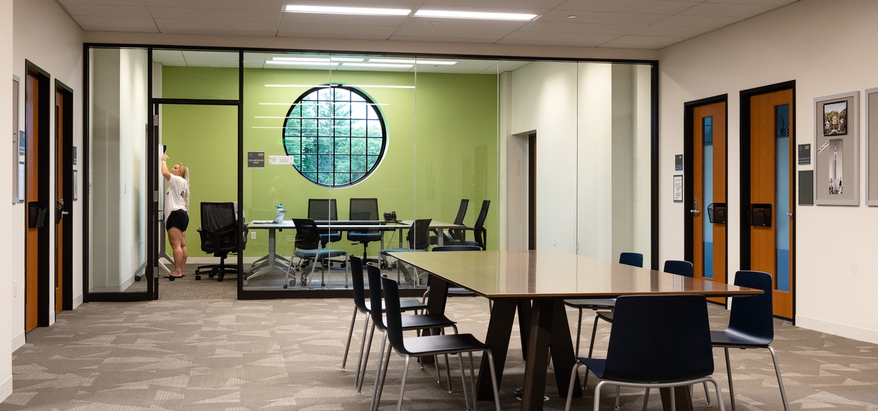 study rooms inside Leo J. Meehan School of Business, Stonehill College